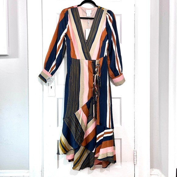 Anthropologie Womens Foxiedox Colorete Asymmetric Striped Wrap Dress Medium NEW - Picture 3 of 16